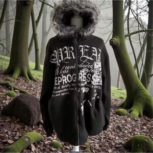 Black Graphic Hoodie with Fur Trim
